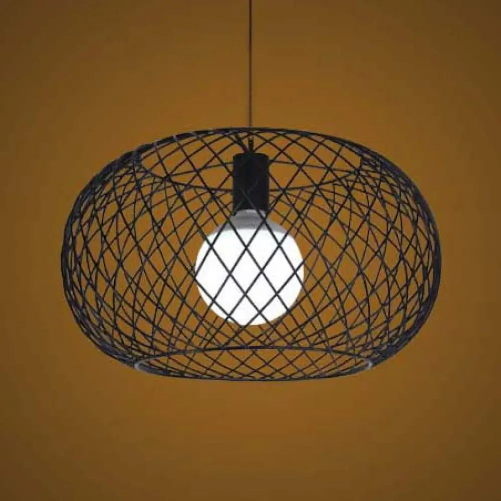 Metal Black Finish Pendant Lamp With Mesh Cage - Industrial Loft Suspension Light