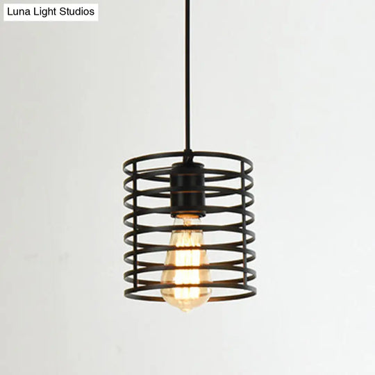 Industrial Style Single Geometrical Cage Pendant Light With Metal Black Finish / Cylinder