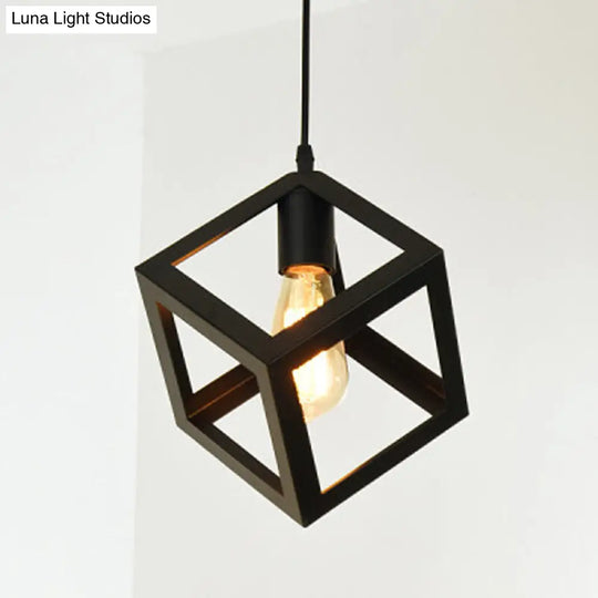 Industrial Style Single Geometrical Cage Pendant Light With Metal Black Finish / Square