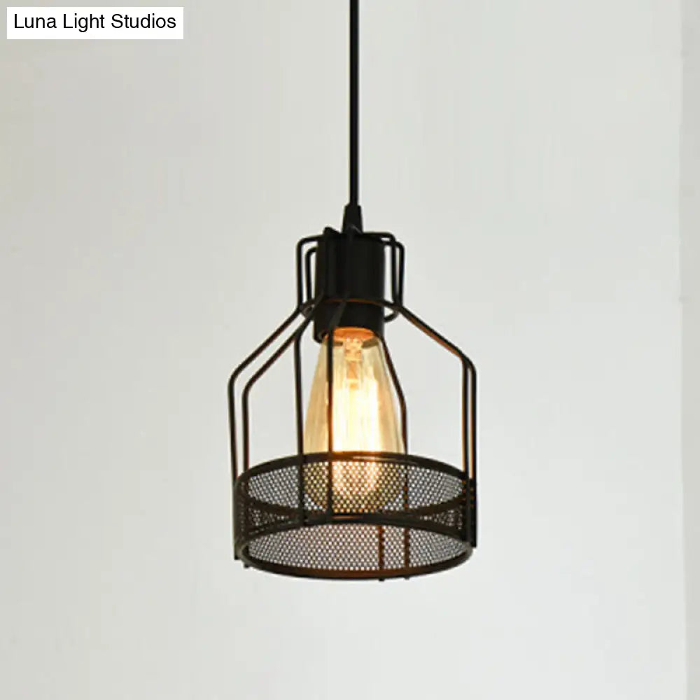 Industrial Style Single Geometrical Cage Pendant Light With Metal Black Finish / Bottle