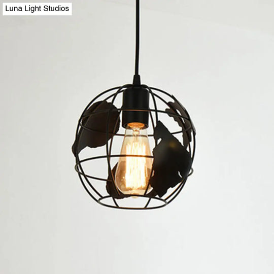 Industrial Style Single Geometrical Cage Pendant Light With Metal Black Finish / Globe
