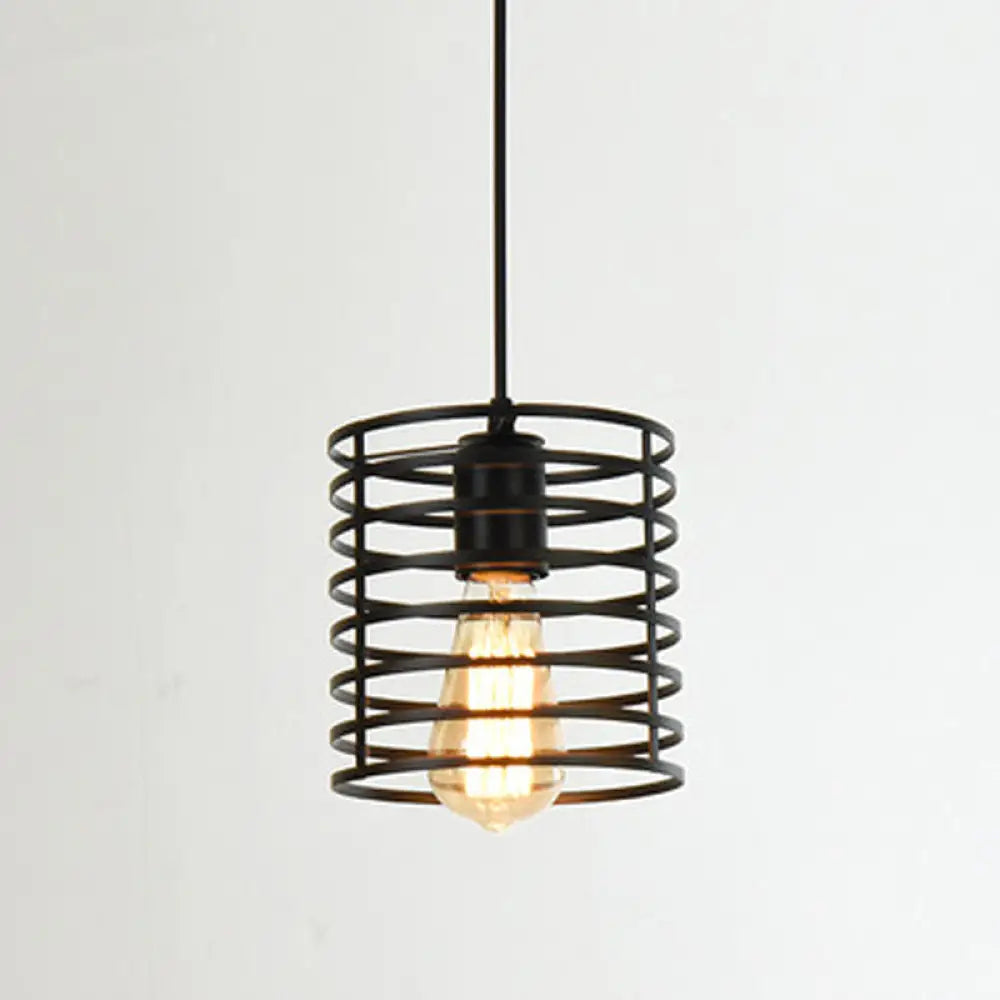 Metal Black Geometric Cage Pendant Light - Industrial Style Ceiling Lamp / Cylinder