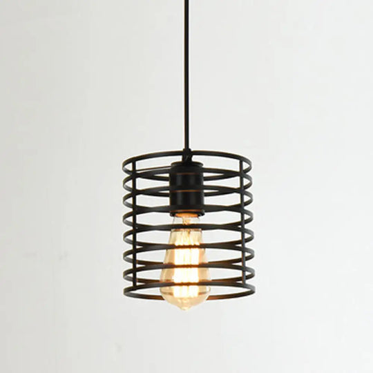 Metal Black Geometric Cage Pendant Light - Industrial Style Ceiling Lamp / Cylinder