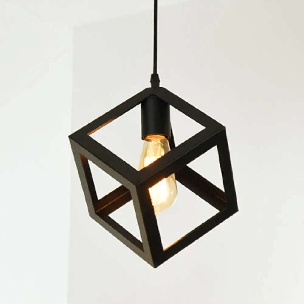 Metal Black Geometric Cage Pendant Light - Industrial Style Ceiling Lamp / Square