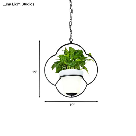 Metal Black Hanging Pendant Light With Round/Flower Frame - Farmhouse Ceiling Lamp + Bucket Planter