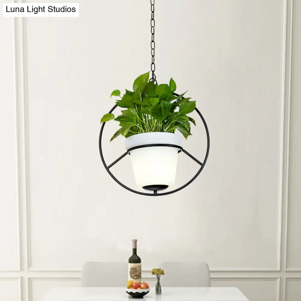 Metal Black Hanging Pendant Light With Rustic Bucket Planter - Farmhouse Ceiling Lamp / Round
