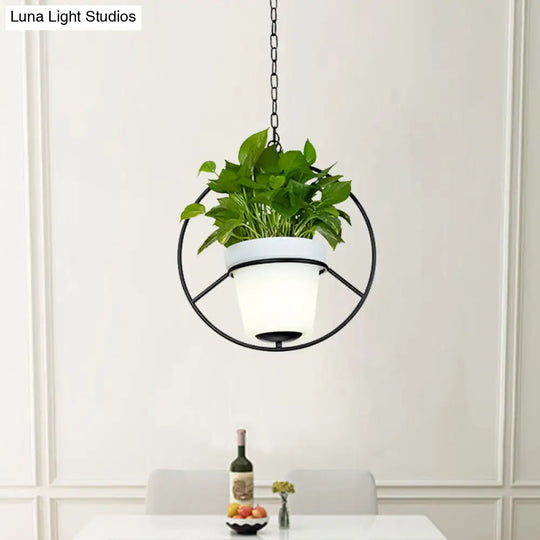 Metal Black Hanging Pendant Light With Rustic Bucket Planter - Farmhouse Ceiling Lamp / Round
