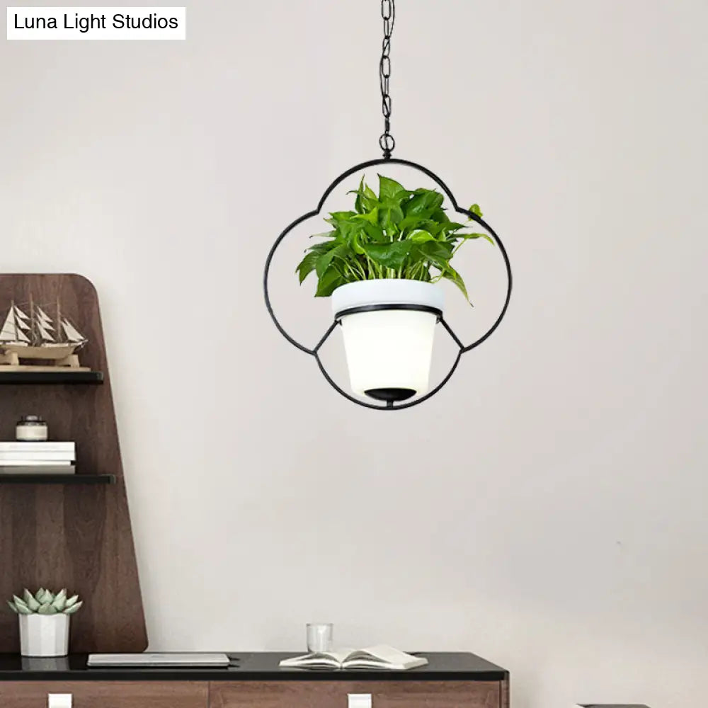Metal Black Hanging Pendant Light With Round/Flower Frame - Farmhouse Ceiling Lamp + Bucket Planter