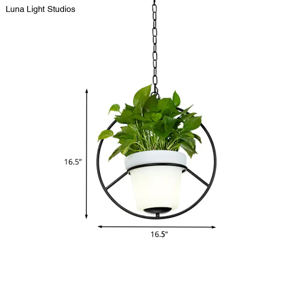 Metal Black Hanging Pendant Light With Round/Flower Frame - Farmhouse Ceiling Lamp + Bucket Planter