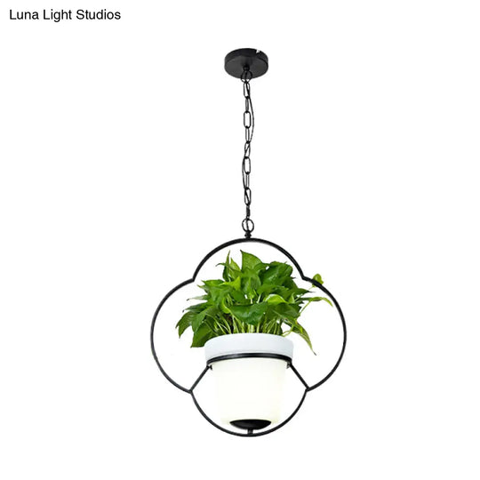 Metal Black Hanging Pendant Light With Rustic Bucket Planter - Farmhouse Ceiling Lamp