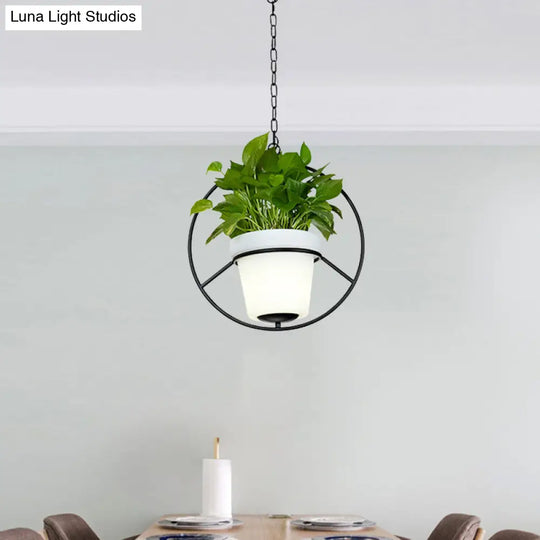 Metal Black Hanging Pendant Light With Round/Flower Frame - Farmhouse Ceiling Lamp + Bucket Planter