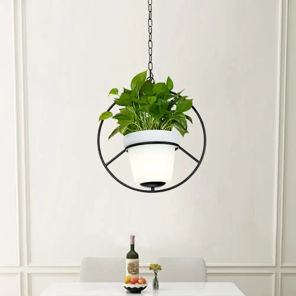 Metal Black Hanging Pendant Light With Round/Flower Frame - Farmhouse Ceiling Lamp + Bucket Planter