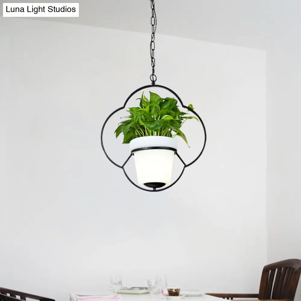 Metal Black Hanging Pendant Light With Round/Flower Frame - Farmhouse Ceiling Lamp + Bucket Planter