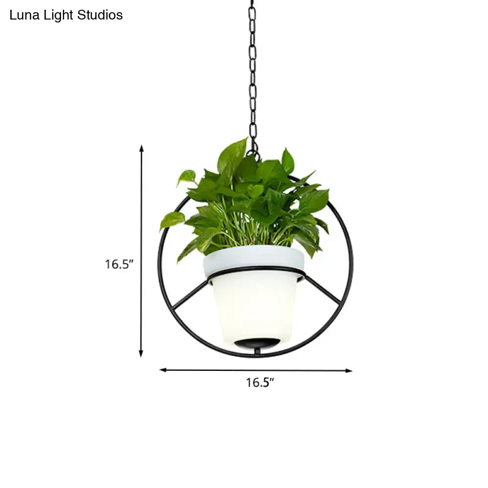 Metal Black Hanging Pendant Light With Rustic Bucket Planter - Farmhouse Ceiling Lamp
