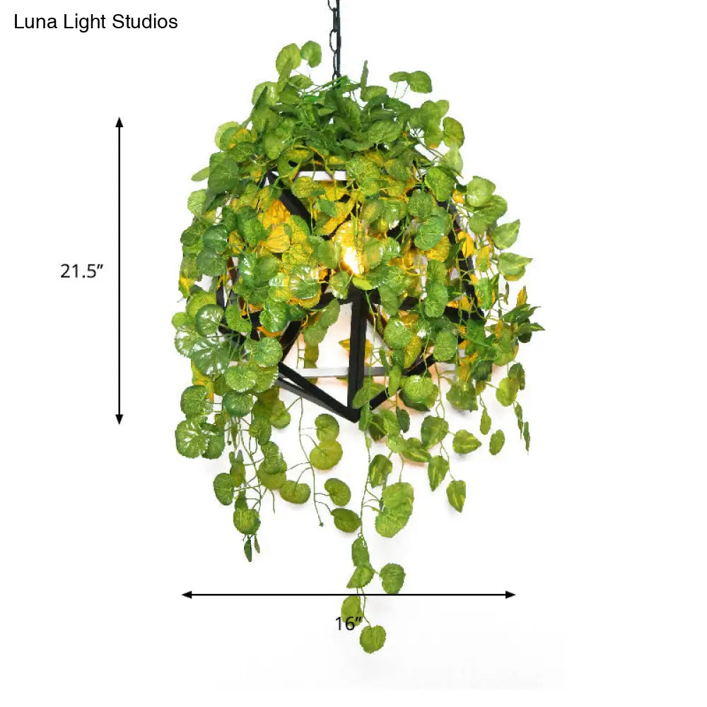 Modern Black Metal Suspension Pendant Light With Geometric Frame - Warehouse Hanging Lamp Plant