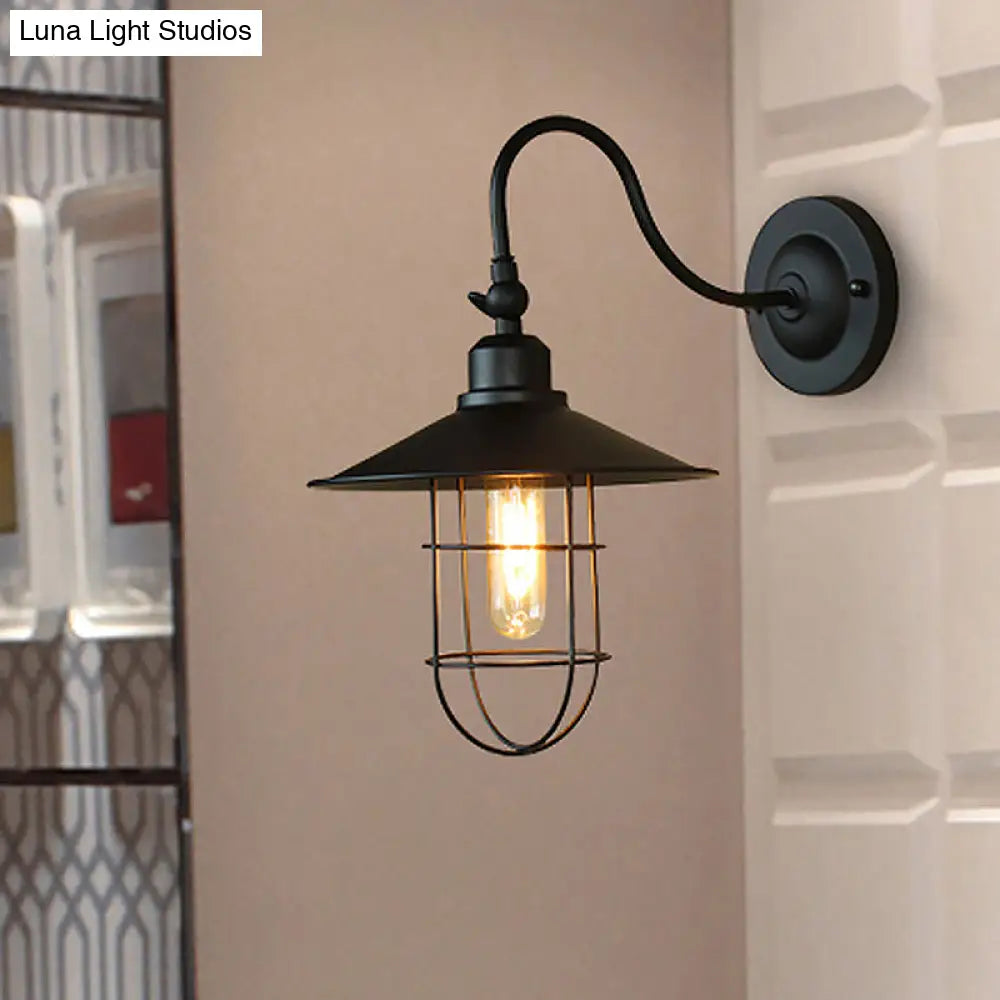 Metal Black Wall Lamp With Flared Shade: Nautical Style 1-Head Lighting For Hallway