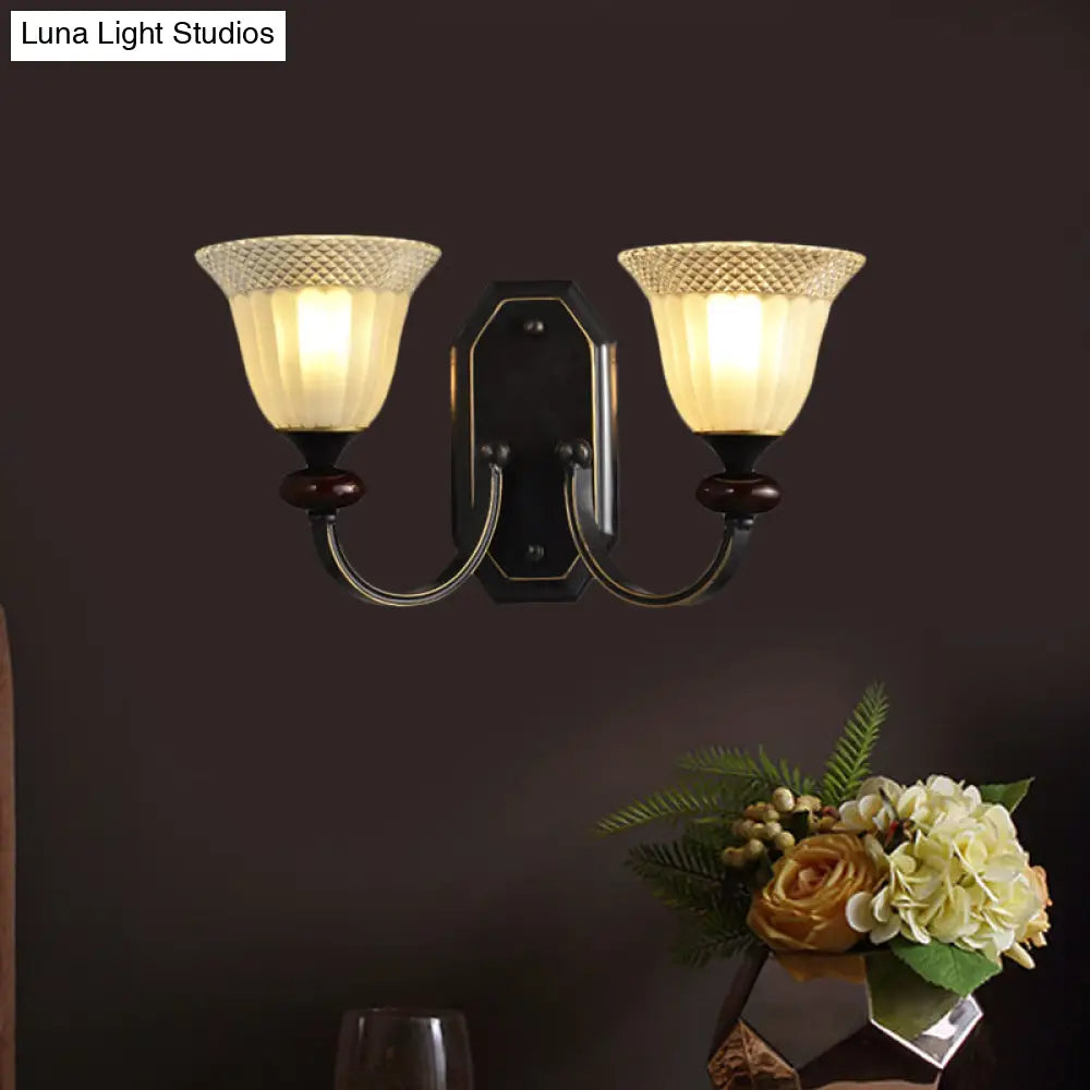 Metal Black Wall Mounted Curved Arm 1/2-Light Countryside Lighting Fixture With Clear Glass Shade