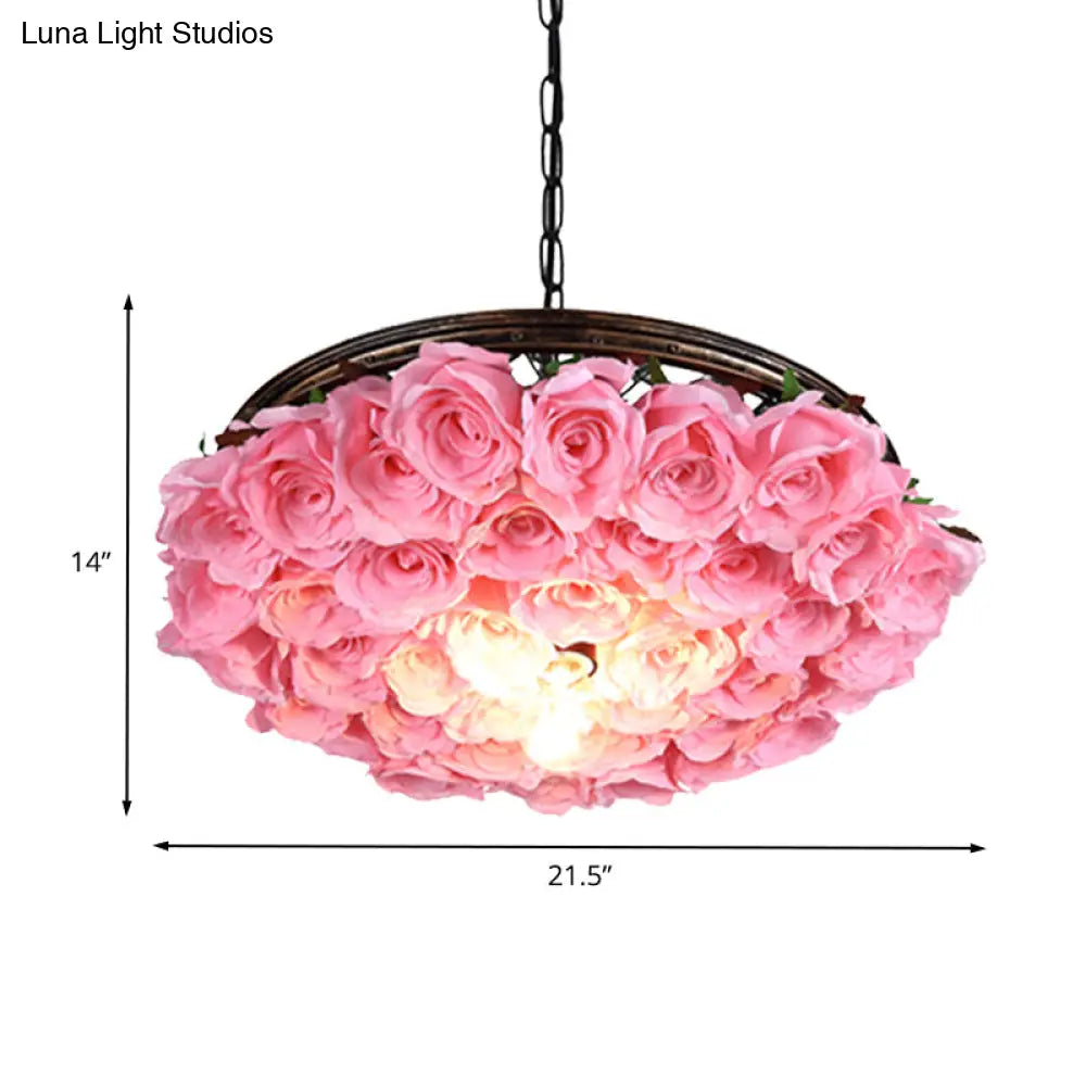 Metal Brass Ceiling Lamp - Round Industrial Led Pendant Light Fixture With Rose Decoration 13’