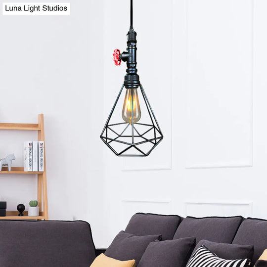 Village Diamond Metal Cage Pendant Light 1-Light Hanging Ceiling Fixture In Black/Weathered