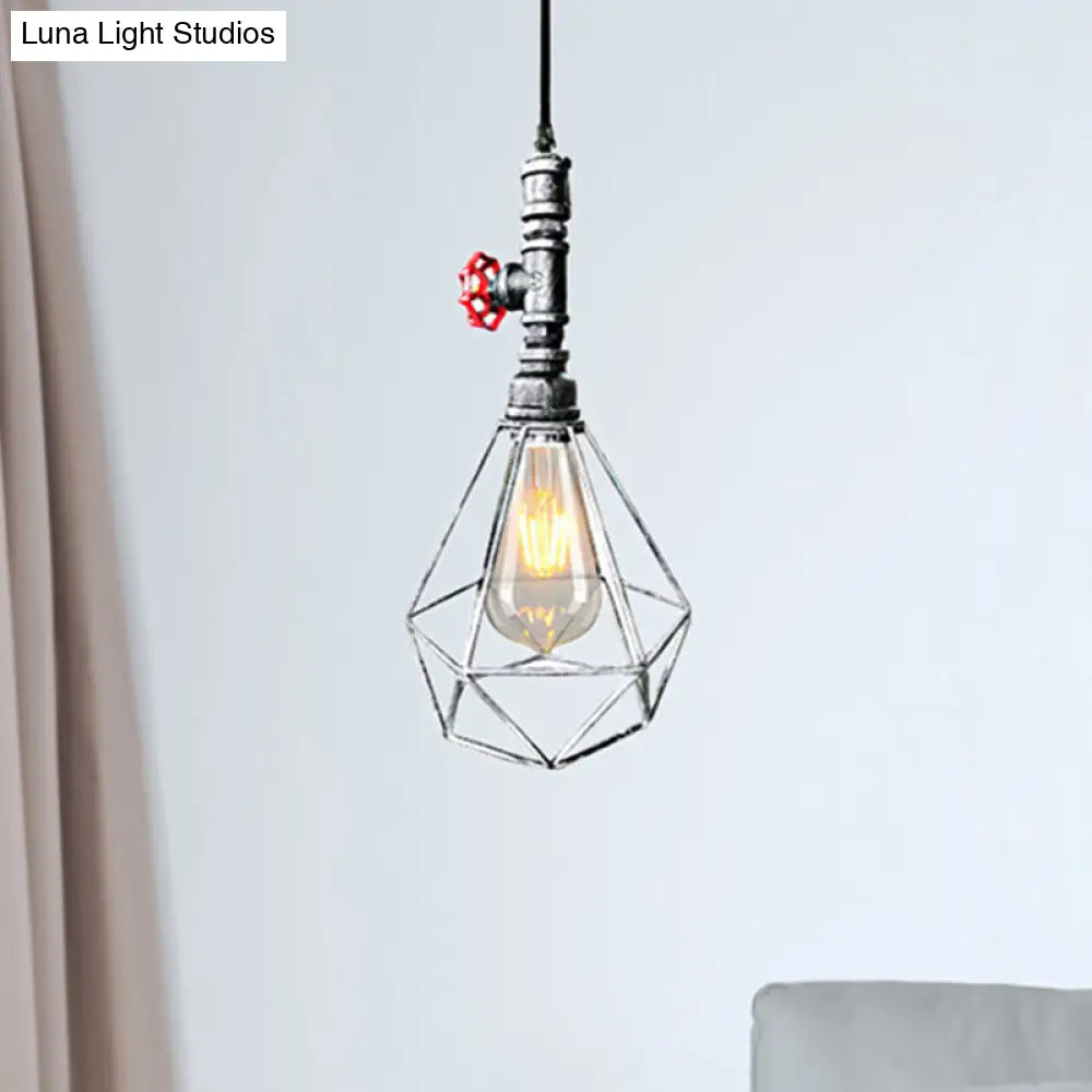 Village Diamond Metal Cage Pendant Light 1-Light Hanging Ceiling Fixture In Black/Weathered