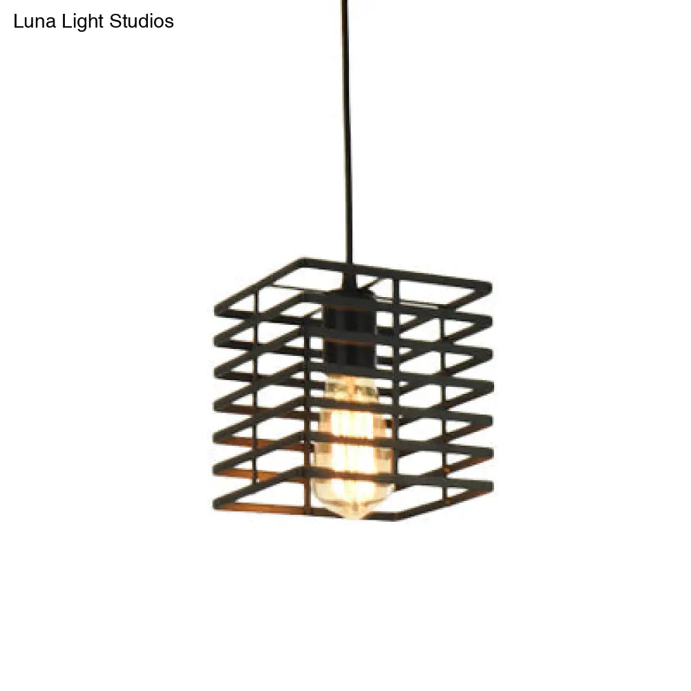 Metal Cage Pendant Light Retro Style Black/White Hanging Lamp For Restaurant Ceiling