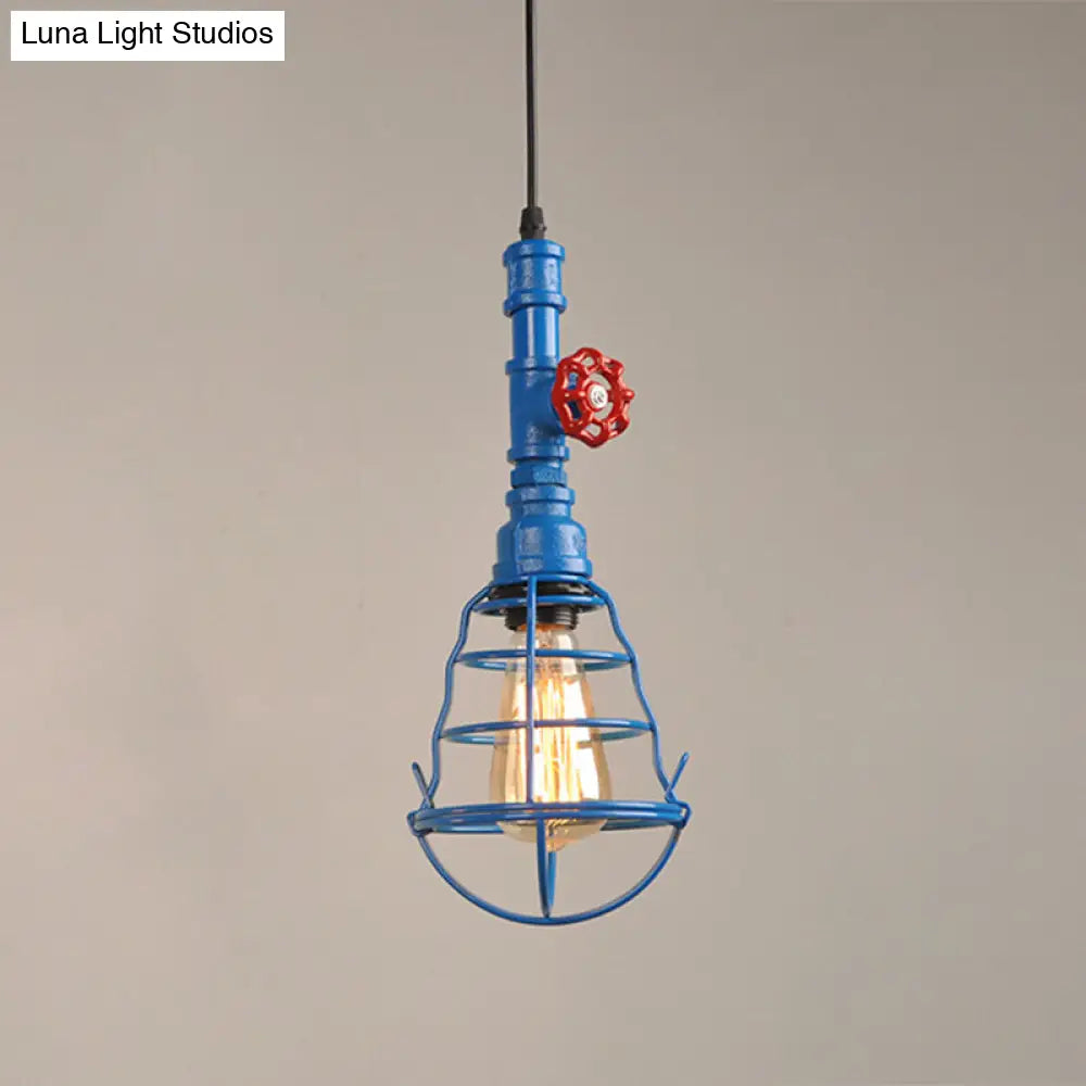 Industrial Metal Cage Pendant Light With Red Valve Accent - Single Bulb Suspension Fixture Blue