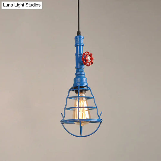 Industrial Metal Cage Pendant Light With Red Valve Accent - Single Bulb Suspension Fixture Blue