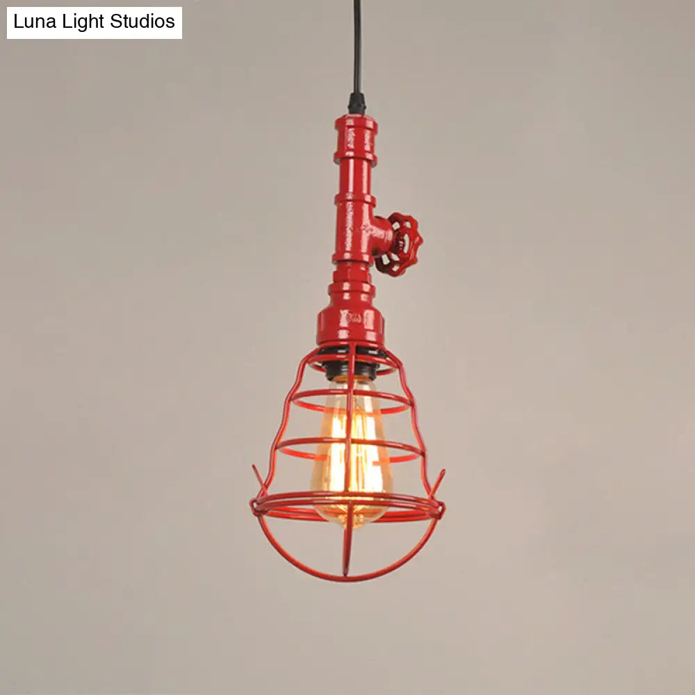 Industrial Metal Cage Pendant Light With Red Valve Accent - Single Bulb Suspension Fixture