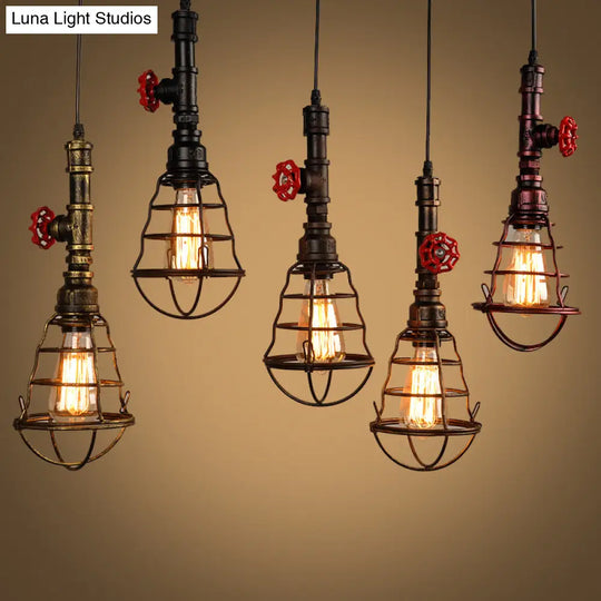 Industrial Metal Cage Pendant Light With Red Valve Accent - Single Bulb Suspension Fixture