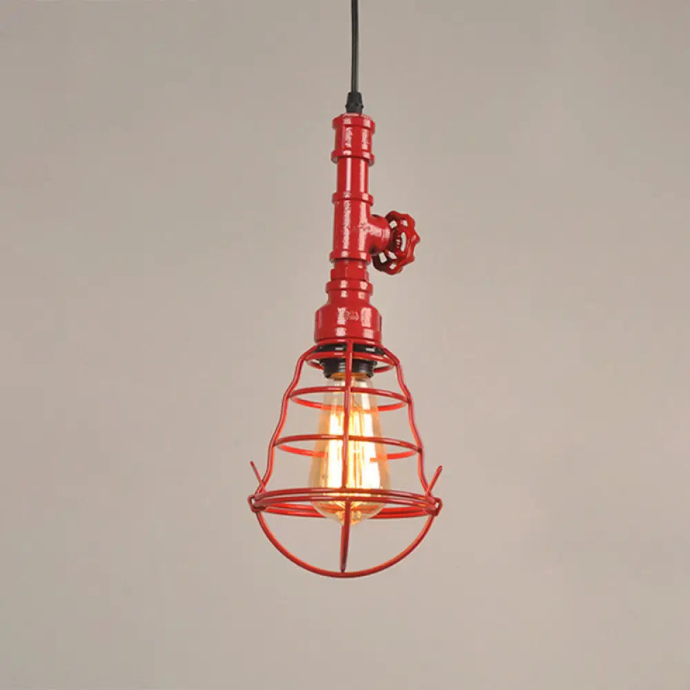 Metal Cage Pendant Light With Red Valve Deco – Industrial Single Bulb Suspension Fixture