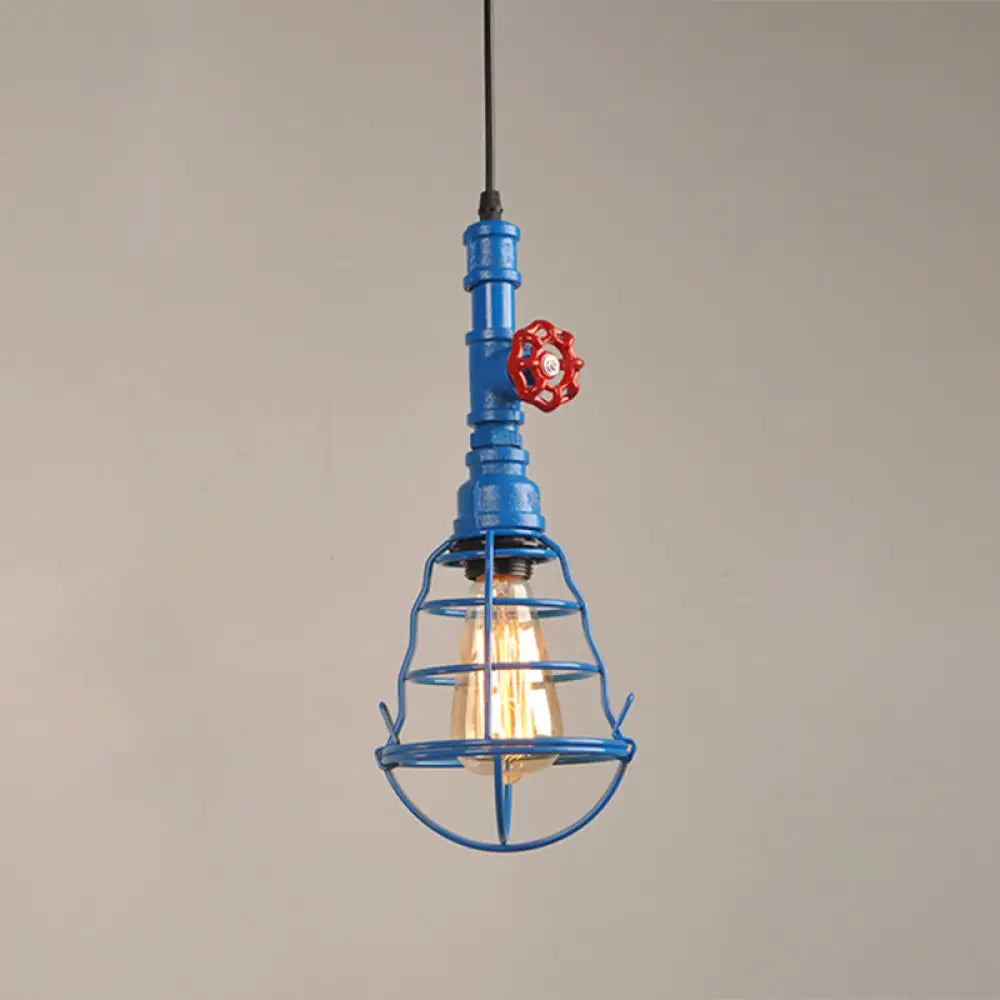 Metal Cage Pendant Light With Red Valve Deco – Industrial Single Bulb Suspension Fixture Blue