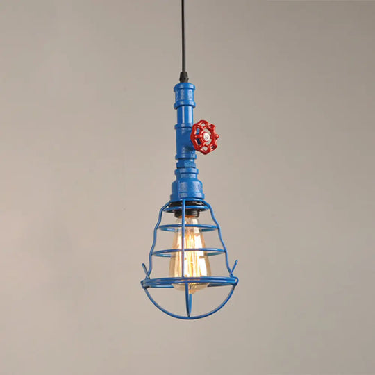 Metal Cage Pendant Light With Red Valve Deco – Industrial Single Bulb Suspension Fixture Blue