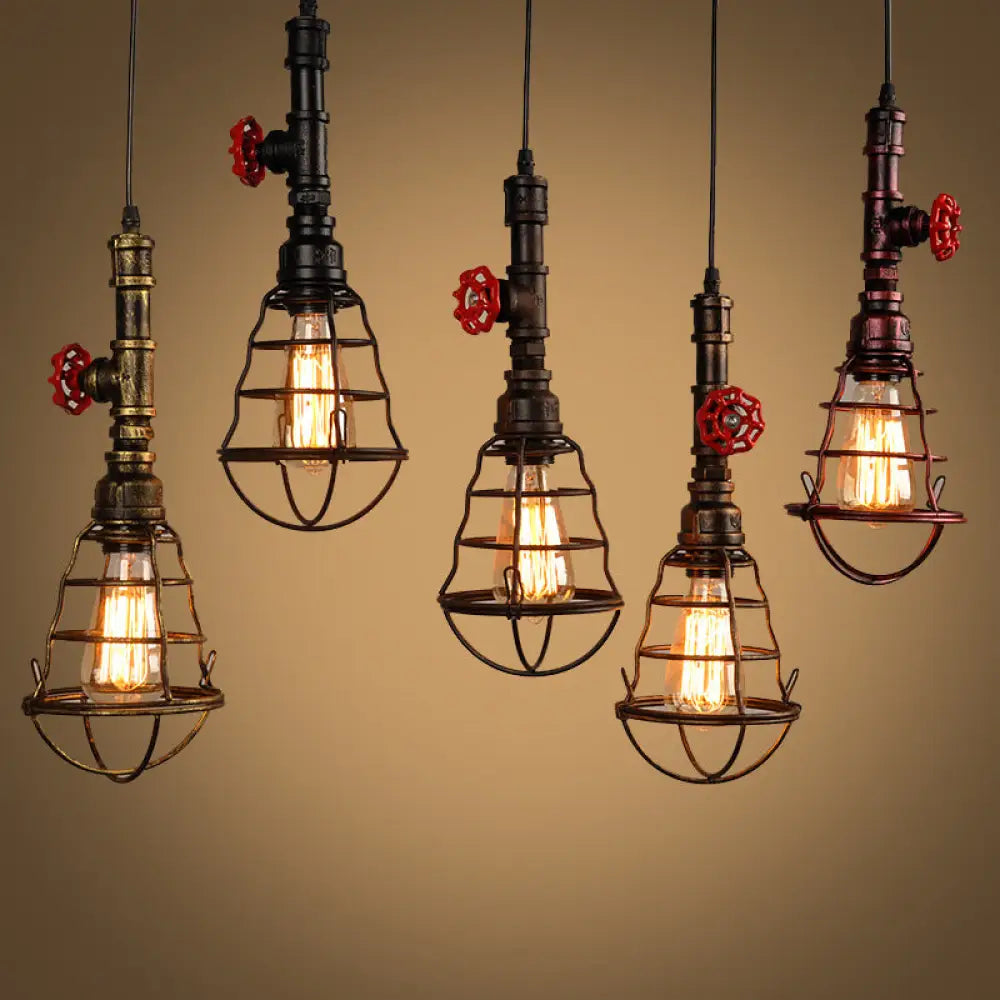 Metal Cage Pendant Light With Red Valve Deco – Industrial Single Bulb Suspension Fixture Purple-Red