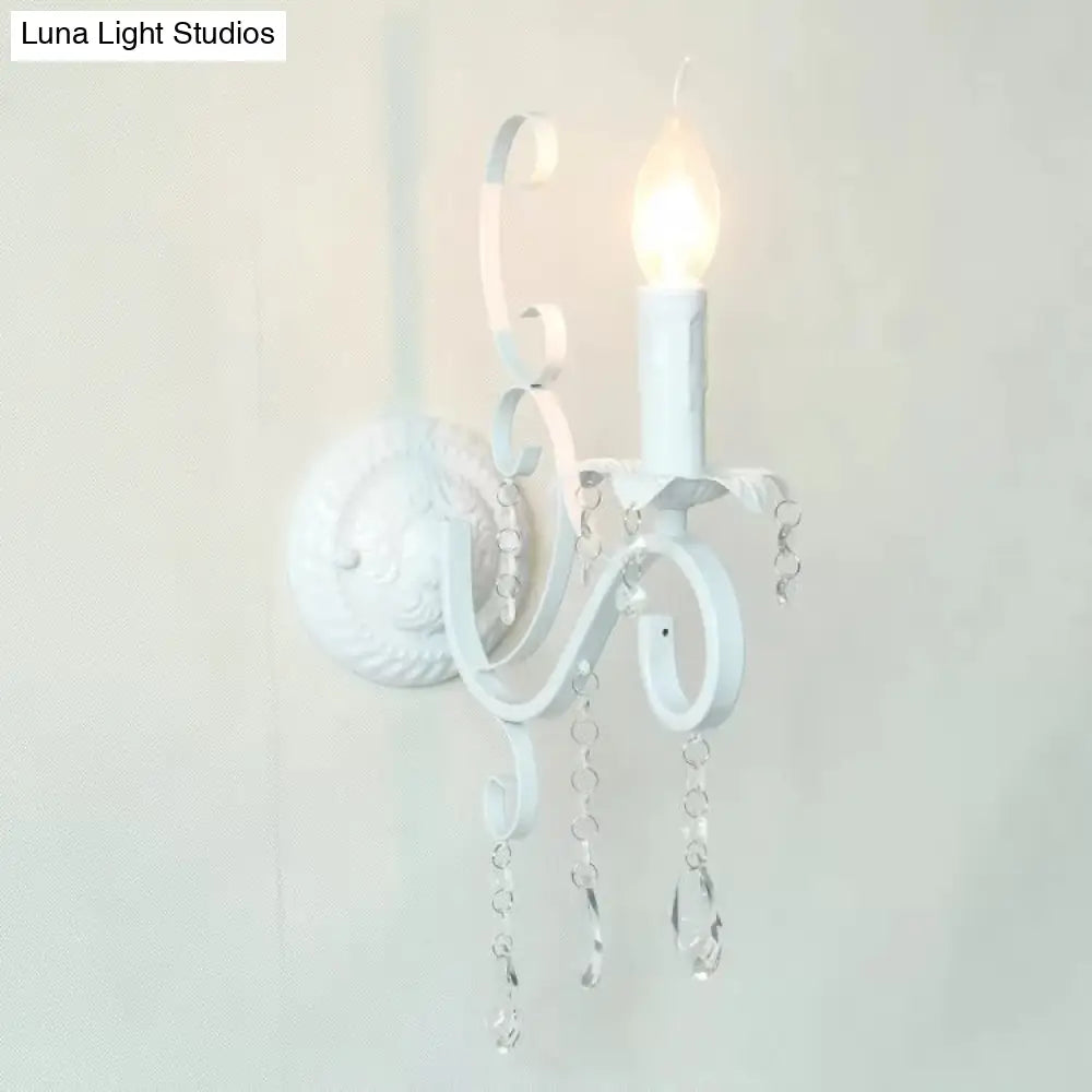 Metal Candle Sconce Light With Crystal Deco - Traditional White Wall Lamp For Hallway