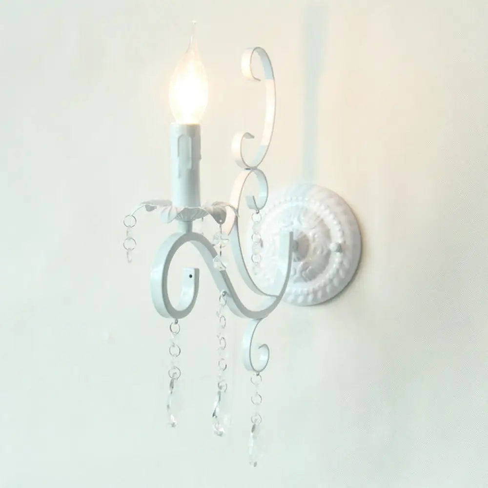 Metal Candle Sconce Light With Crystal Deco - Traditional White Wall Lamp For Hallway