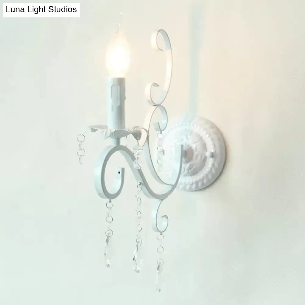 Metal Candle Sconce Light With Crystal Deco - Traditional White Wall Lamp For Hallway