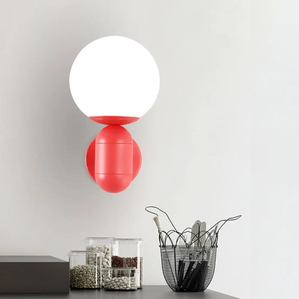 Metal Capsule Sconce Light With Globe Shade - Macaron Style Wall Lamp Pink