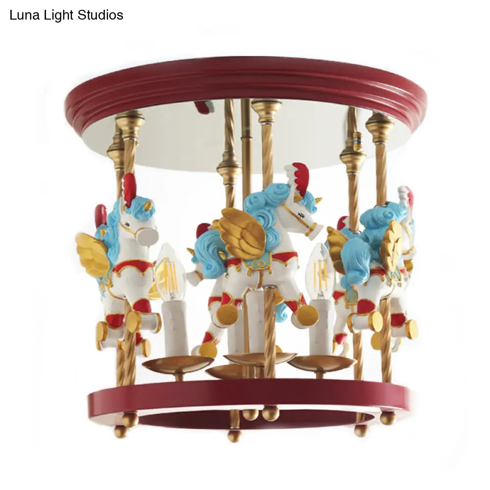 Metal Carousel Semi Flush Cartoon Mount Lighting Fixture For Children’s Room - 4-Bulb
