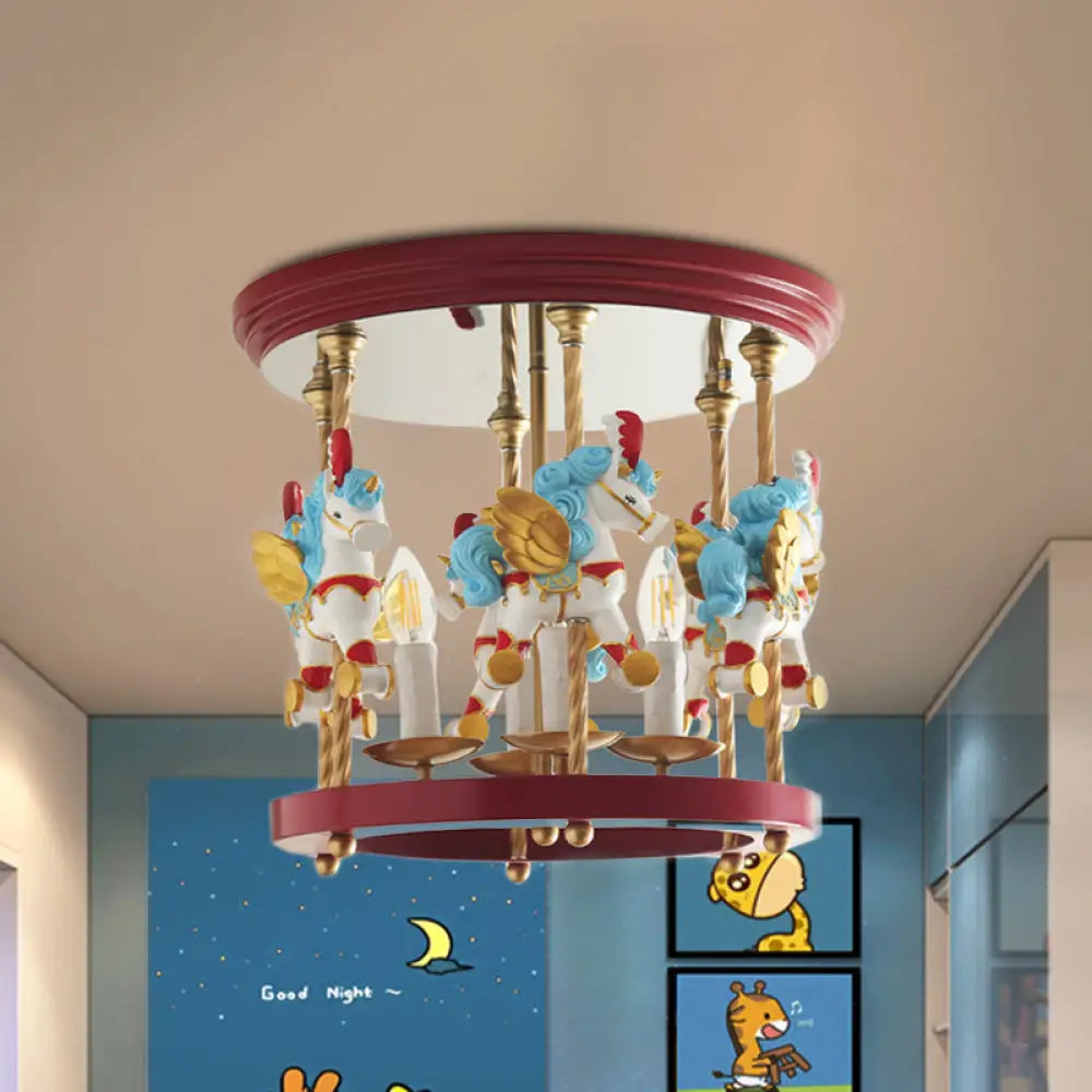 Metal Carousel Semi Flush Cartoon Mount Lighting Fixture For Children’s Room - 4-Bulb