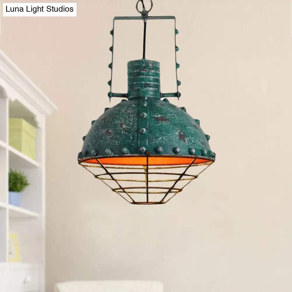 Metal Ceiling Hanging Light: Rustic Wrought Iron Pendant Lamp With Wire Guard And Rivets In