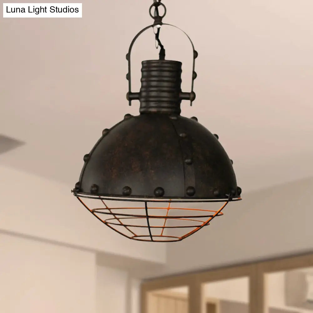 Metal Pendant Lamp With Domed Ceiling Hanging Design Wrought Iron Wire Guard Rivets - Black/Green