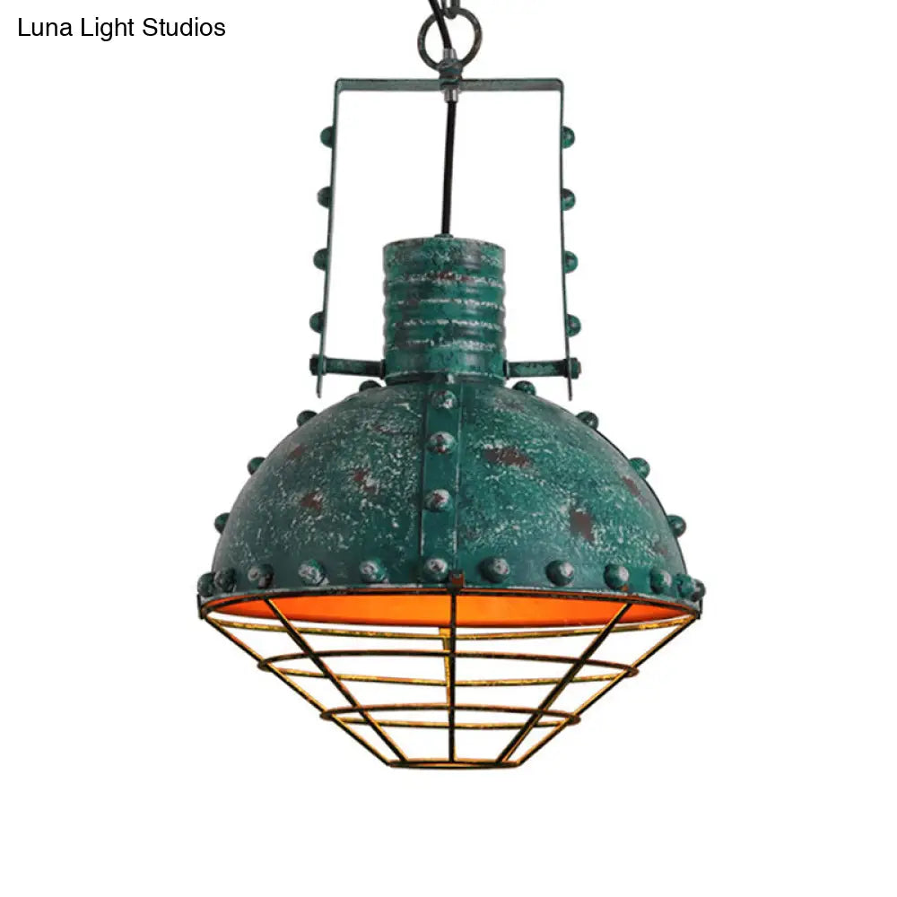 Metal Ceiling Hanging Light: Rustic Wrought Iron Pendant Lamp With Wire Guard And Rivets In