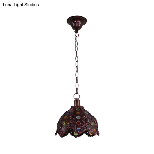 Metal Ceiling Lamp - Decorative Bronze/Blue Scalloped/Dome Pendant Light For Living Room