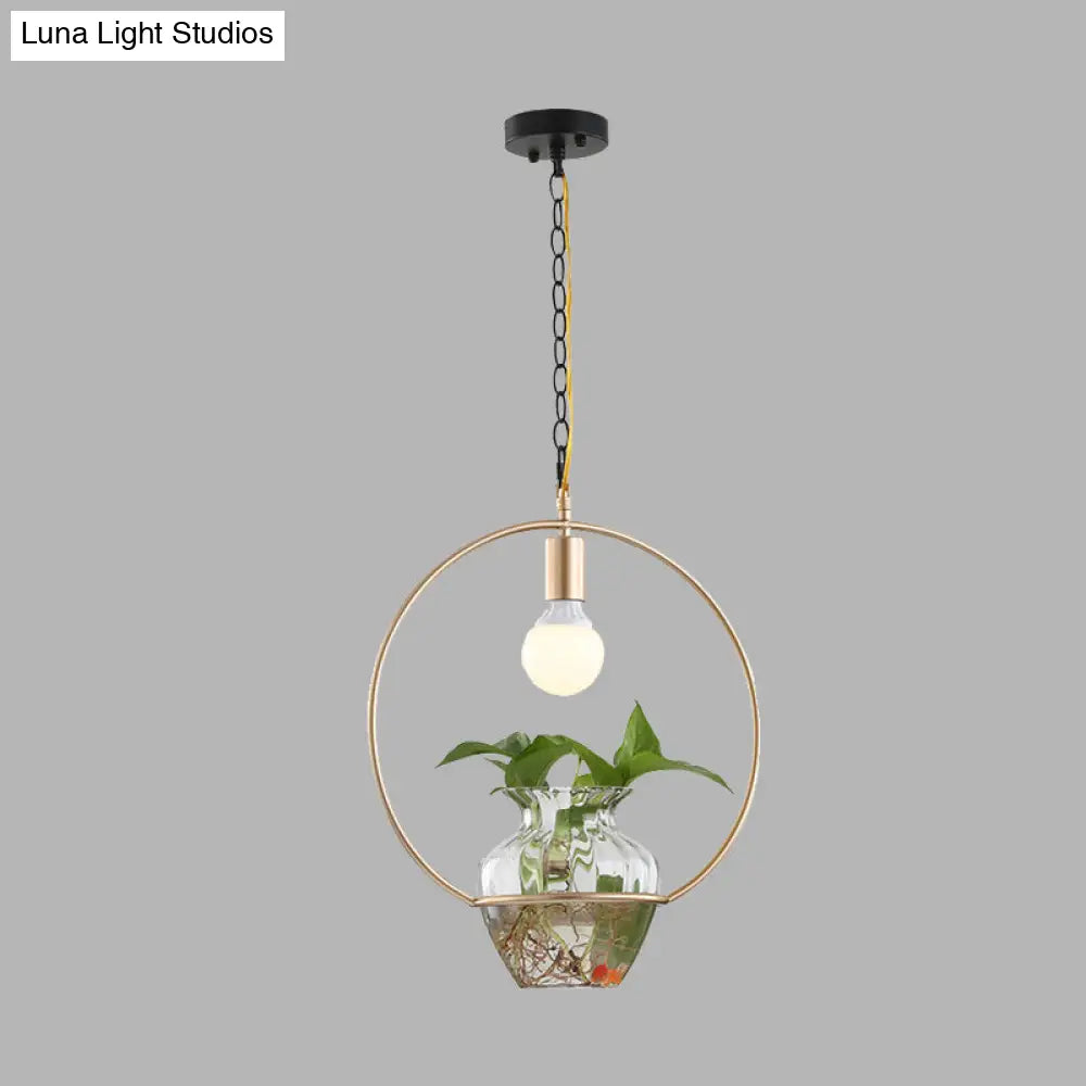 Antique White/Gold Round Led Pendant Ceiling Light With Metal Head And Plant Can Decoration -