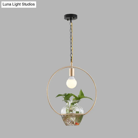 Antique White/Gold Round Led Pendant Ceiling Light With Metal Head And Plant Can Decoration -