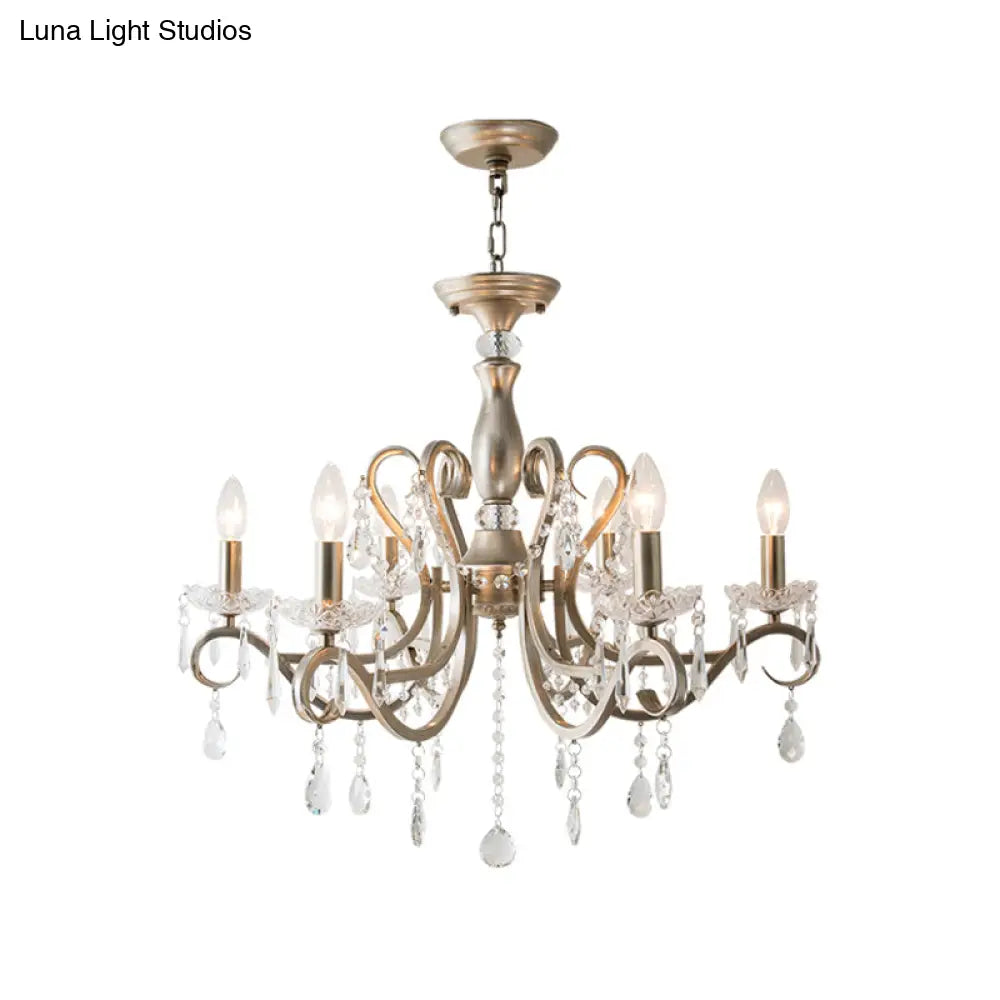 Metal Chandelier Pendant Light With Scrolled Arm Crystal Accent - Traditional Living Room Lighting