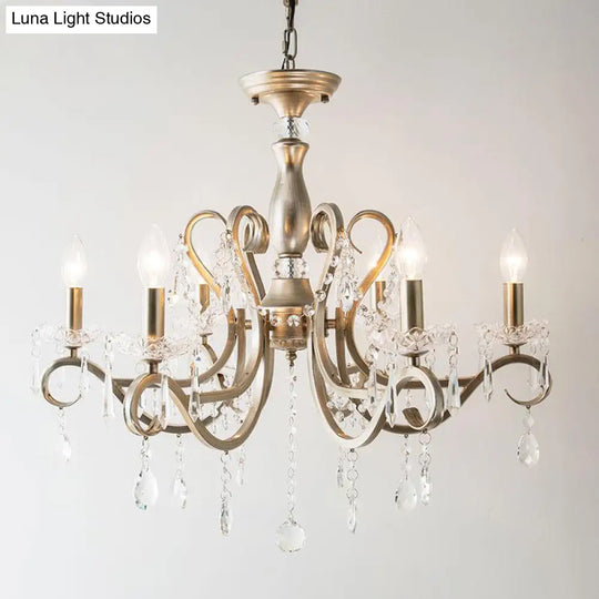 Metal Chandelier Pendant Light With Scrolled Arm Crystal Accent - Traditional Living Room Lighting