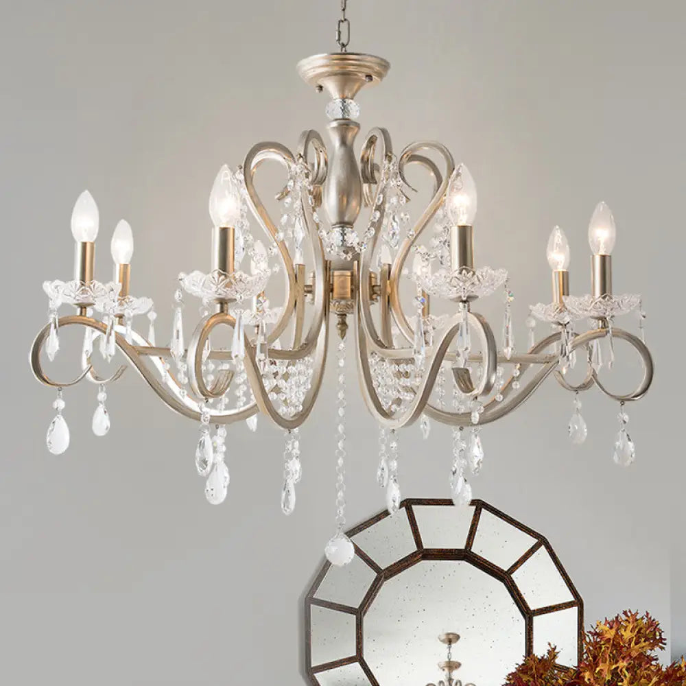 Metal Chandelier Pendant Light With Scrolled Arm Crystal Accent - Traditional Living Room Lighting