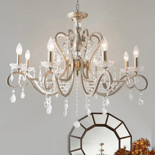 Metal Chandelier Pendant Light With Scrolled Arm Crystal Accent - Traditional Living Room Lighting