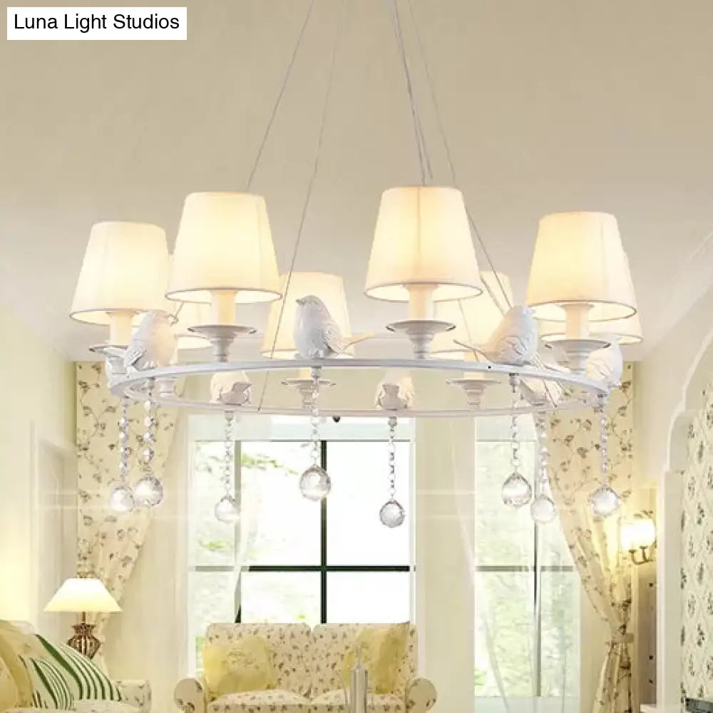 Metal Chandelier With Crystal Accents - Elegant White Bucket Shade Hanging Lamp For Living Room